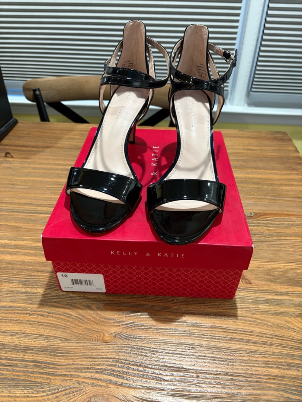 Kelly & Katie Black Patent Open-Toe Ankle Strap Heels